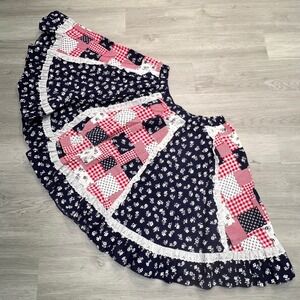 Patchwork Prairie Skirt Navy Blue Red White XL Floral Gingham Ruffled Lace Trim